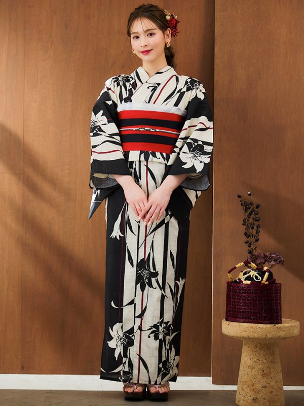 画像4: 【即日発送】【浴衣】ストライプ×百合レトロモダン浴衣 【浴衣３点セット 浴衣/帯/下駄】[YMT]