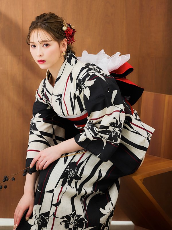 画像6: 【即日発送】【浴衣】ストライプ×百合レトロモダン浴衣 【浴衣３点セット 浴衣/帯/下駄】[YMT]