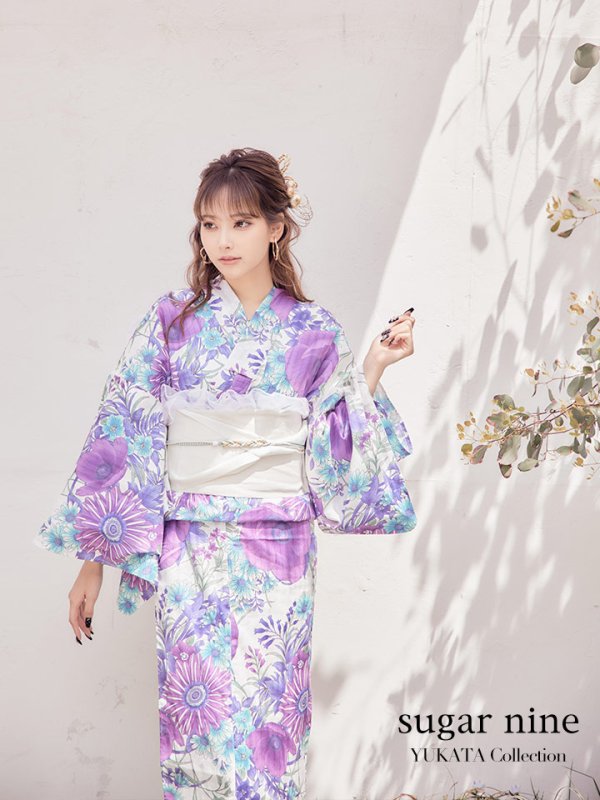 画像2: 【浴衣】白地×華やかなボタニカル浴衣セット（19obi-3/Yheko-030-WH/19himo-BL/ CG-18-PL）[YMT]