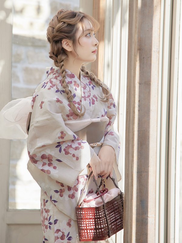 画像10: 【即日発送】【浴衣】クリーム地にピンクの紫陽花浴衣 【浴衣３点セット 浴衣/帯/下駄】[YMT]