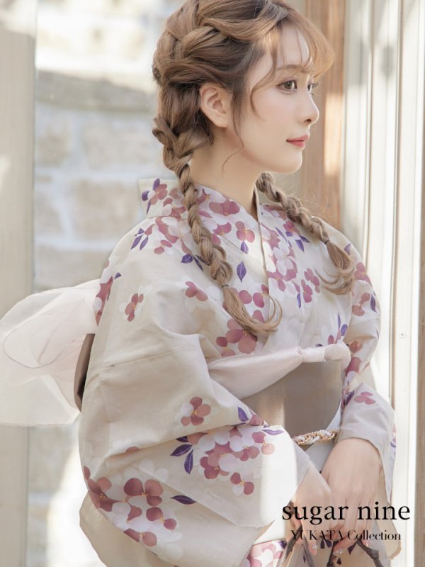 画像3: 【即日発送】【浴衣】クリーム地にピンクの紫陽花浴衣 【浴衣３点セット 浴衣/帯/下駄】[YMT]