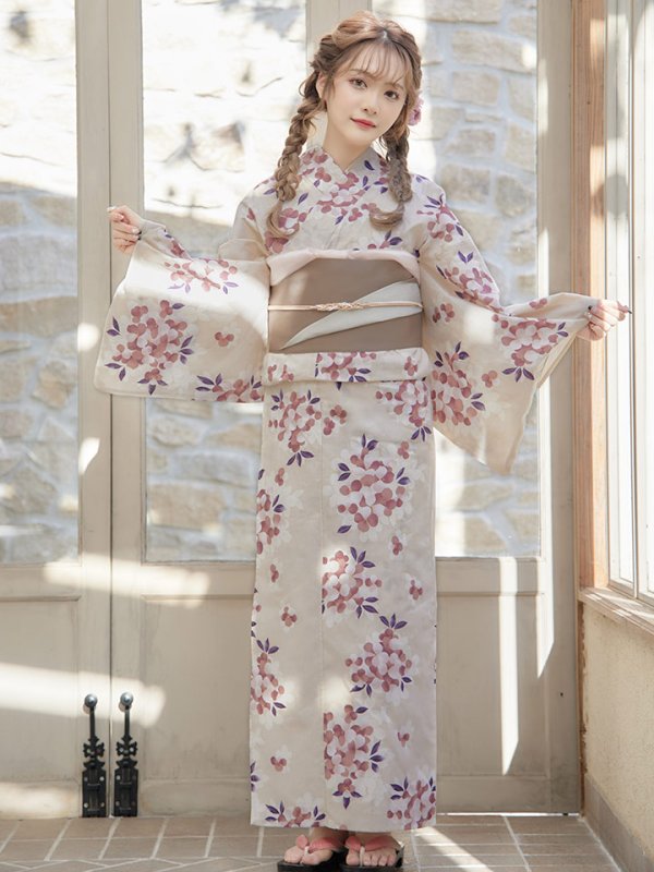 画像4: 【即日発送】【浴衣】クリーム地にピンクの紫陽花浴衣 【浴衣３点セット 浴衣/帯/下駄】[YMT]