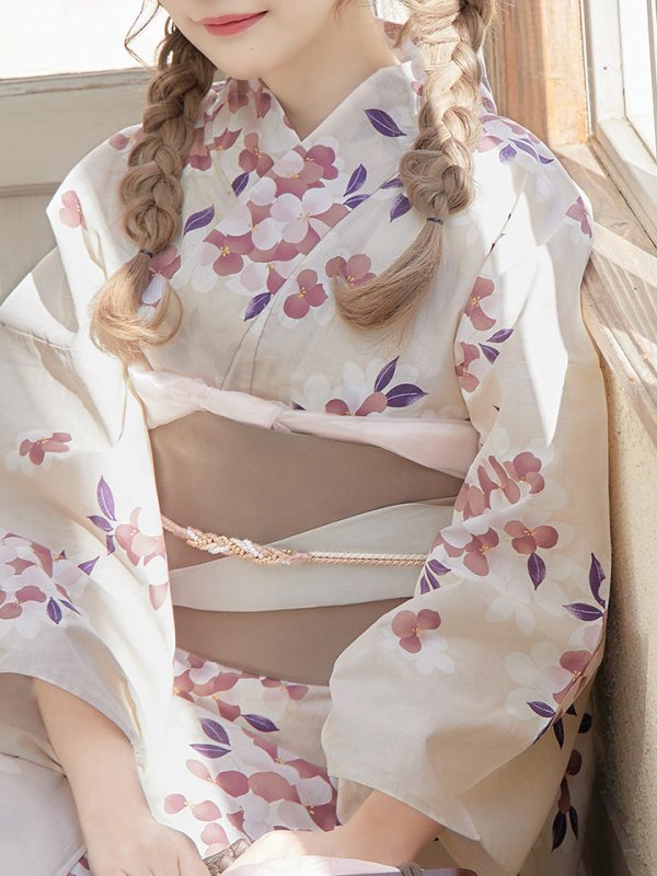 画像5: 【即日発送】【浴衣】クリーム地にピンクの紫陽花浴衣 【浴衣３点セット 浴衣/帯/下駄】[YMT]