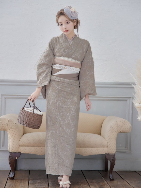 画像4: 【即日発送】【浴衣セール】【浴衣】ベージュ×フラワーレース浴衣 【浴衣３点セット 浴衣/帯/下駄】[YMT]