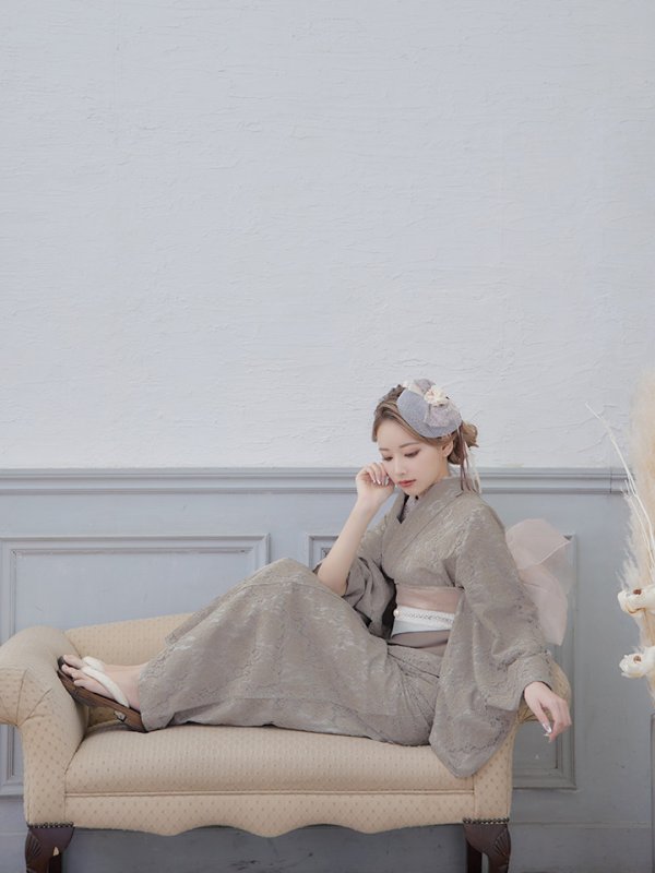 画像9: 【即日発送】【浴衣セール】【浴衣】ベージュ×フラワーレース浴衣 【浴衣３点セット 浴衣/帯/下駄】[YMT]