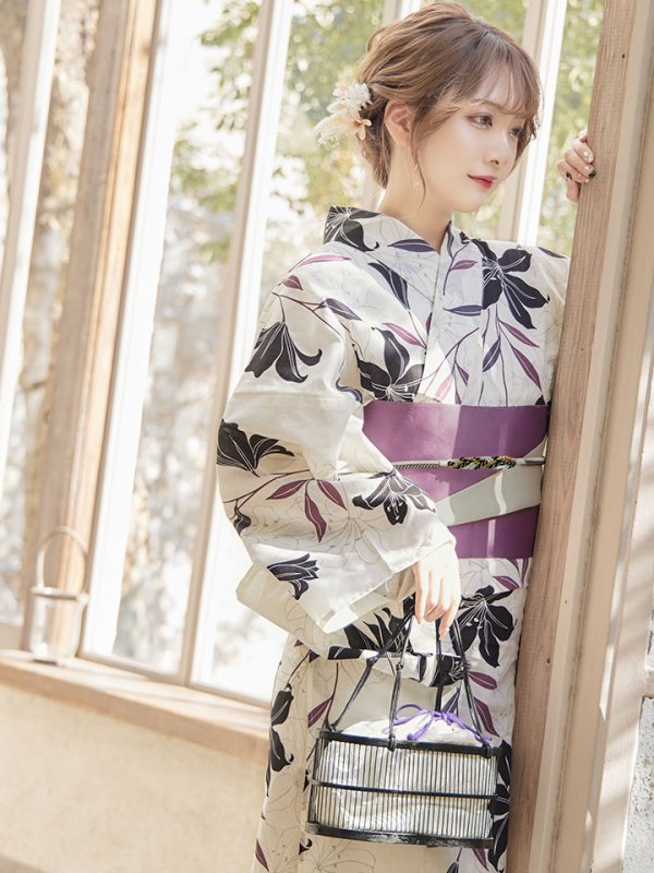 画像11: 【即日発送！】【浴衣】白地×百合柄浴衣 【浴衣３点セット 浴衣/帯/下駄】[YMT]