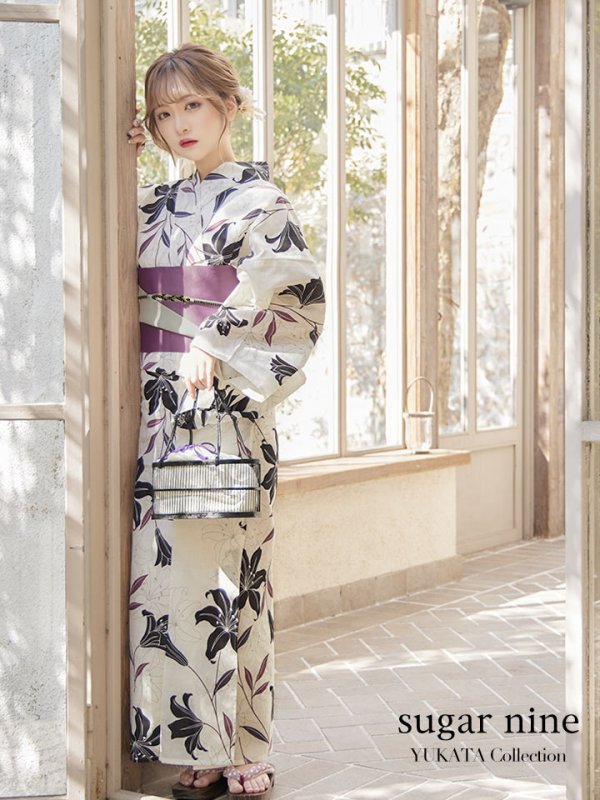 画像3: 【即日発送！】【浴衣】白地×百合柄浴衣 【浴衣３点セット 浴衣/帯/下駄】[YMT]