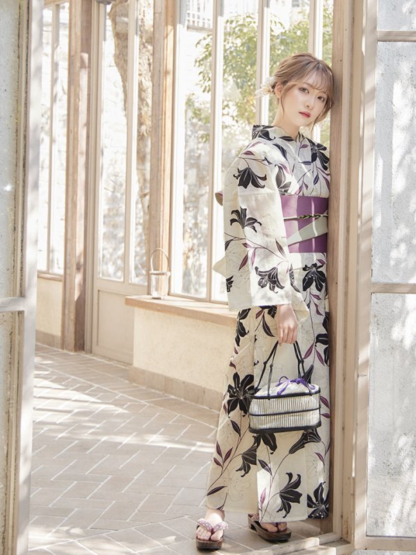 画像5: 【即日発送！】【浴衣】白地×百合柄浴衣 【浴衣３点セット 浴衣/帯/下駄】[YMT]