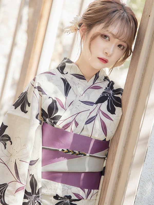 画像6: 【即日発送！】【浴衣】白地×百合柄浴衣 【浴衣３点セット 浴衣/帯/下駄】[YMT]