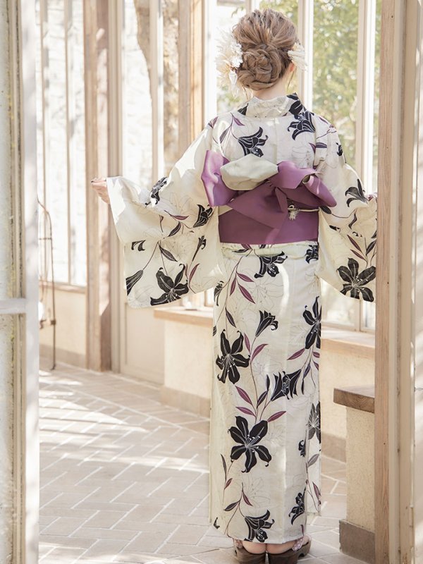 画像9: 【即日発送！】【浴衣】白地×百合柄浴衣 【浴衣３点セット 浴衣/帯/下駄】[YMT]