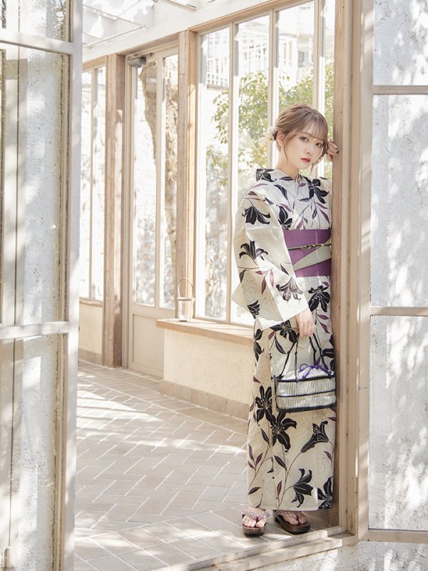 画像10: 【即日発送！】【浴衣】白地×百合柄浴衣 【浴衣３点セット 浴衣/帯/下駄】[YMT]