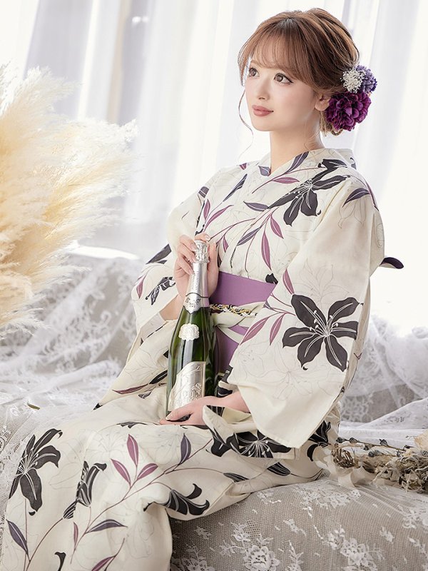 画像10: 【即日発送！】【浴衣】白地×百合柄浴衣 【浴衣３点セット 浴衣/帯/下駄】[YMT]