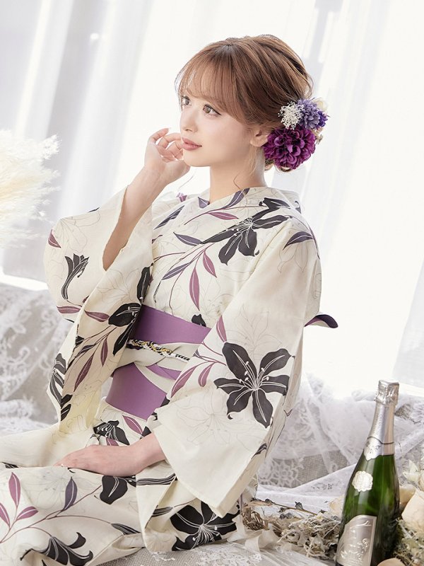 画像5: 【即日発送！】【浴衣】白地×百合柄浴衣 【浴衣３点セット 浴衣/帯/下駄】[YMT]