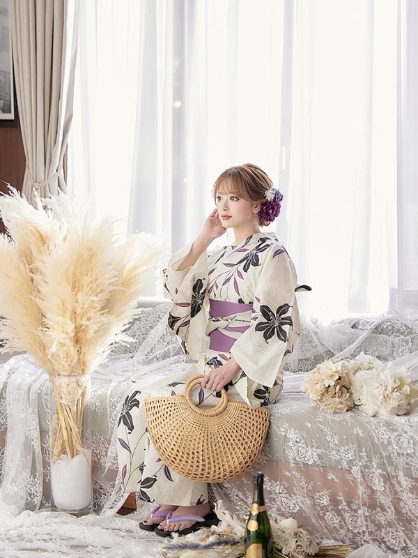 画像7: 【即日発送！】【浴衣】白地×百合柄浴衣 【浴衣３点セット 浴衣/帯/下駄】[YMT]