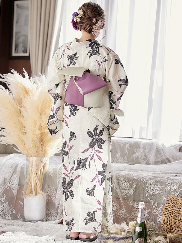 画像8: 【即日発送！】【浴衣】白地×百合柄浴衣 【浴衣３点セット 浴衣/帯/下駄】[YMT]