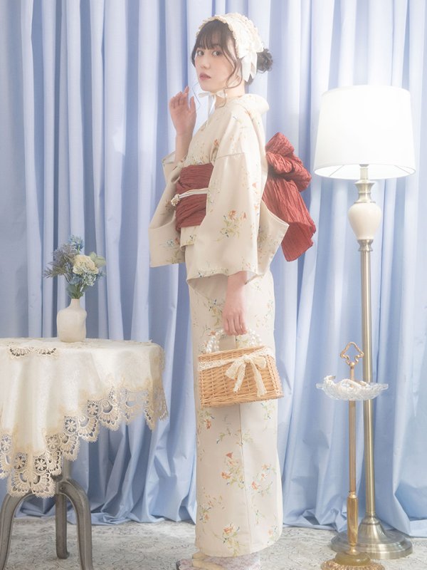 画像4: 【即日発送】【浴衣セール】【浴衣】ベージュ地x小花柄浴衣 【浴衣３点セット 浴衣/帯/下駄】[YMT]