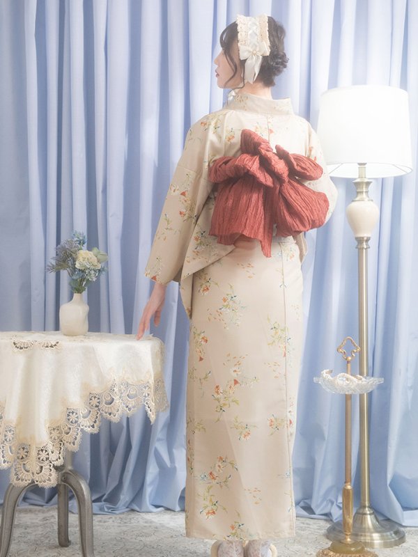 画像5: 【即日発送】【浴衣セール】【浴衣】ベージュ地x小花柄浴衣 【浴衣３点セット 浴衣/帯/下駄】[YMT]