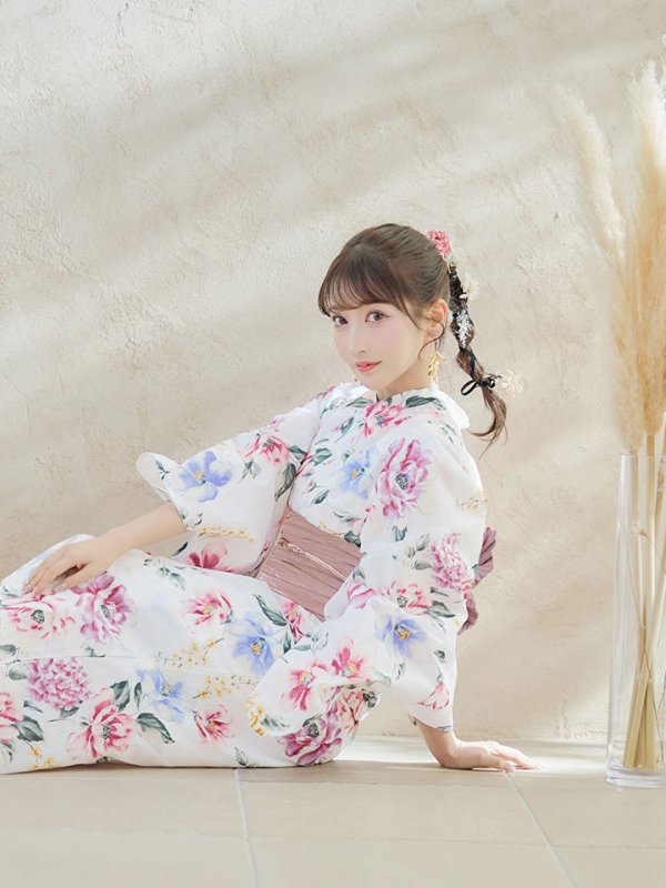 画像11: 【即日発送】【浴衣】白地×ボタニカル牡丹浴衣【浴衣３点セット 浴衣/帯/下駄】[YMT]