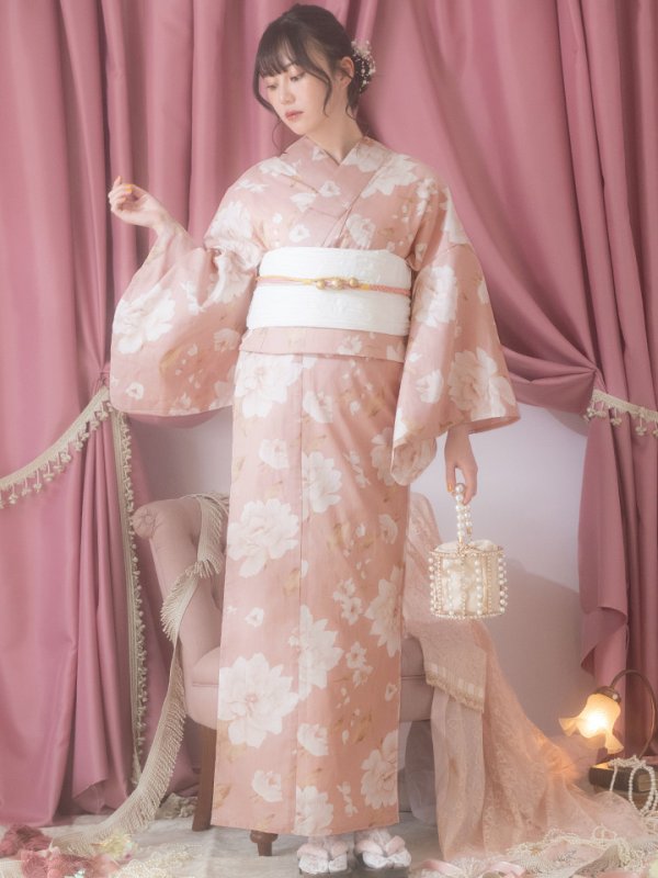 画像4: 【即日発送】【浴衣】くすみピンク地のホワイト牡丹浴衣 【浴衣３点セット 浴衣/帯/下駄】[YMT]