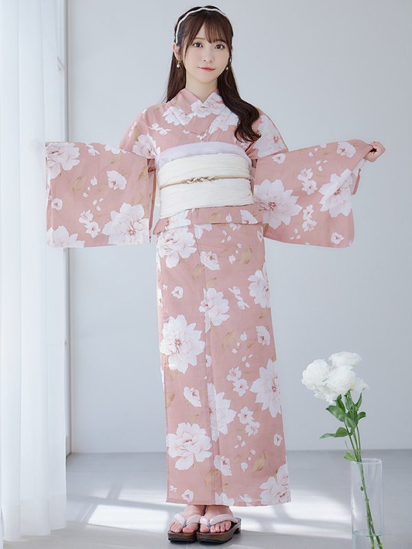 画像4: 【即日発送】【浴衣】くすみピンク地のホワイト牡丹浴衣【浴衣３点セット 浴衣/帯/下駄】[YMT]