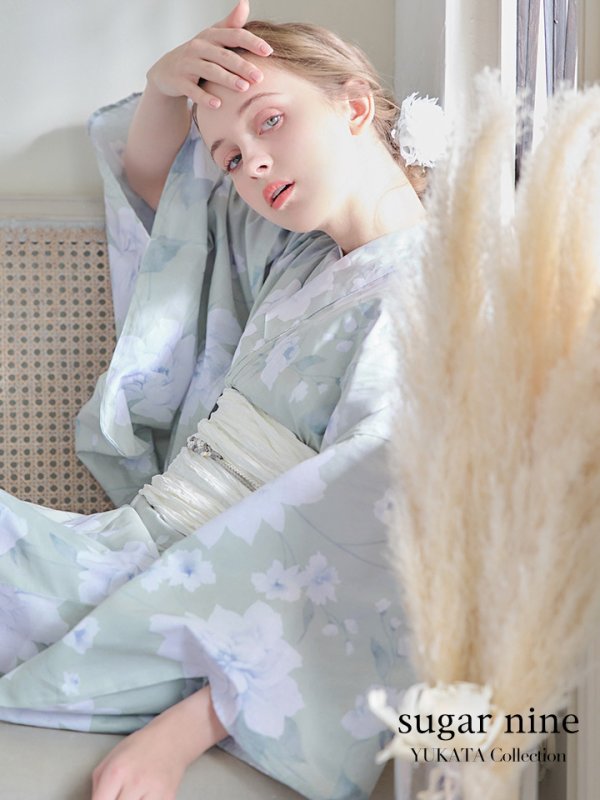 画像3: 【即日発送】【浴衣】ミント地x牡丹浴衣 【浴衣３点セット 浴衣/帯/下駄】[YMT]