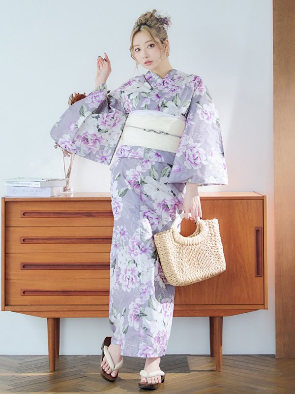画像2: 【即日発送】大胆に咲き誇る紫×白牡丹浴衣 OBI-siwa-200-kj-13-OW / HIMO-900-yn-4-GYxGY / HEKO-800-sb-5-WH / YA-1029-wk-MVPL / GETA-01-kj-7-P / [YMT]