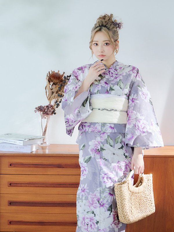 画像8: 【即日発送】大胆に咲き誇る紫×白牡丹浴衣【浴衣３点セット 浴衣/帯/下駄】[YMT]