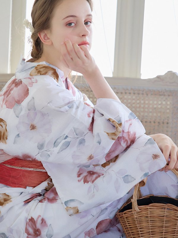 画像10: 【即日発送】【浴衣】白地x暖色椿浴衣【浴衣３点セット 浴衣/帯/下駄】[YMT]