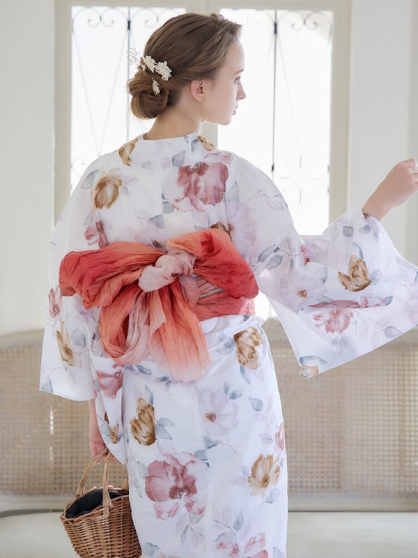 画像11: 【即日発送】【浴衣】白地x暖色椿浴衣【浴衣３点セット 浴衣/帯/下駄】[YMT]