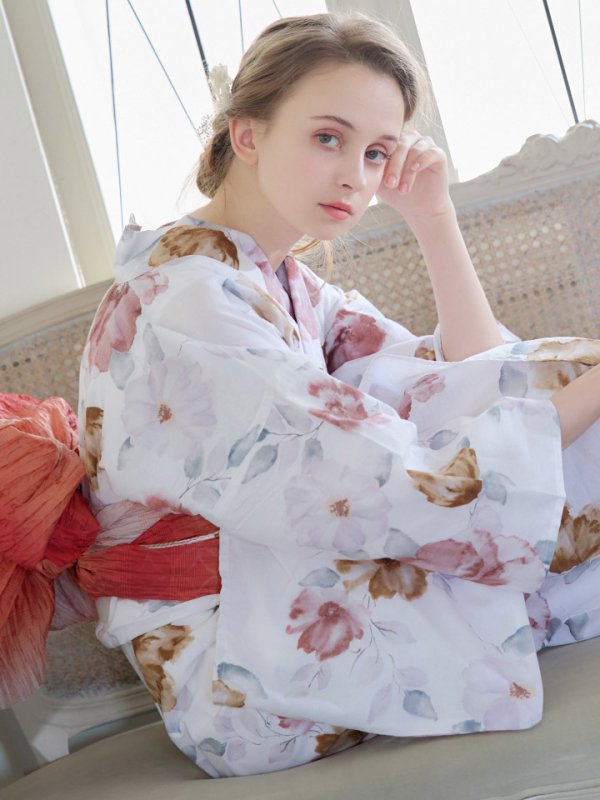 画像12: 【即日発送】【浴衣】白地x暖色椿浴衣【浴衣３点セット 浴衣/帯/下駄】[YMT]