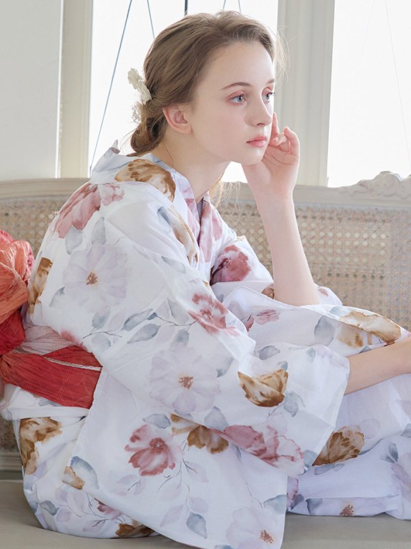 画像14: 【即日発送】【浴衣】白地x暖色椿浴衣【浴衣３点セット 浴衣/帯/下駄】[YMT]