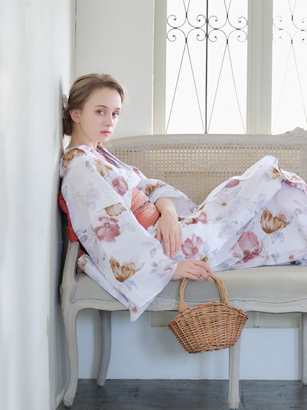 画像15: 【即日発送】【浴衣】白地x暖色椿浴衣【浴衣３点セット 浴衣/帯/下駄】[YMT]