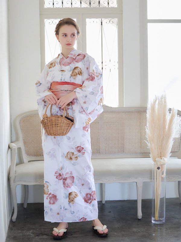 画像4: 【即日発送】【浴衣】白地x暖色椿浴衣【浴衣３点セット 浴衣/帯/下駄】[YMT]