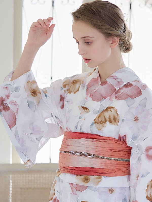 画像5: 【即日発送】【浴衣】白地x暖色椿浴衣【浴衣３点セット 浴衣/帯/下駄】[YMT]