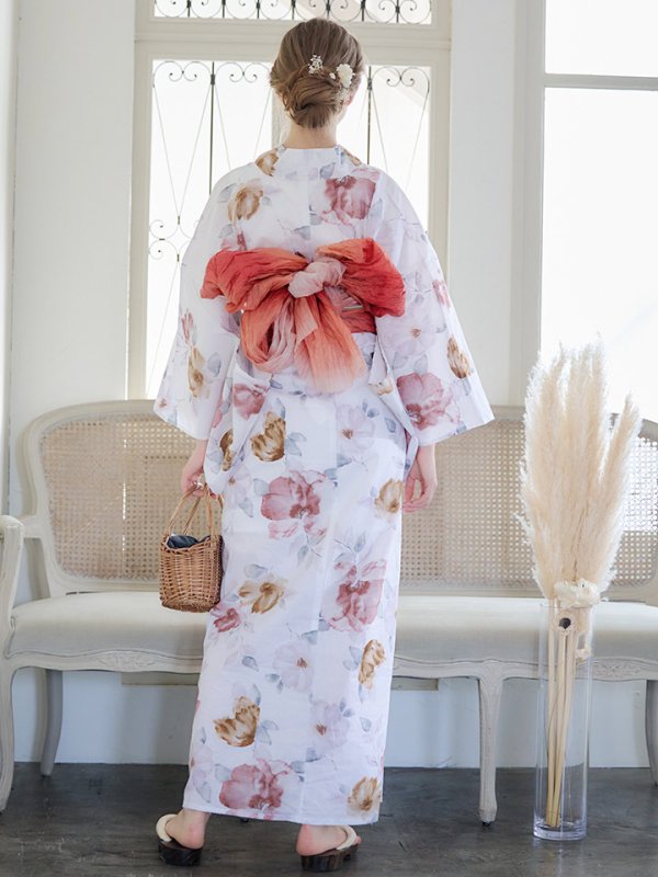 画像8: 【即日発送】【浴衣】白地x暖色椿浴衣【浴衣３点セット 浴衣/帯/下駄】[YMT]