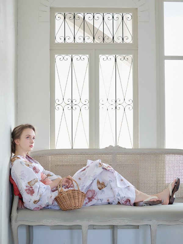 画像9: 【即日発送】【浴衣】白地x暖色椿浴衣【浴衣３点セット 浴衣/帯/下駄】[YMT]