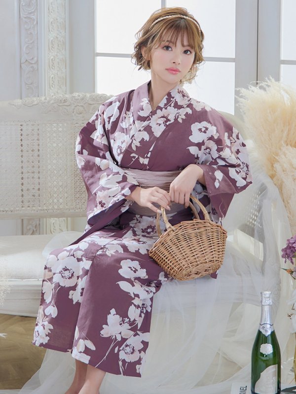 画像10: 【即日発送】【浴衣セール】エンジ×椿ニュアンス浴衣【浴衣３点セット 浴衣/帯/下駄】[YMT]