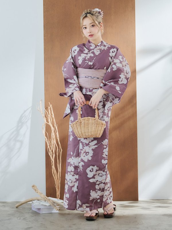 画像4: 【即日発送】【浴衣セール】エンジ×椿ニュアンス浴衣【浴衣３点セット 浴衣/帯/下駄】[YMT]