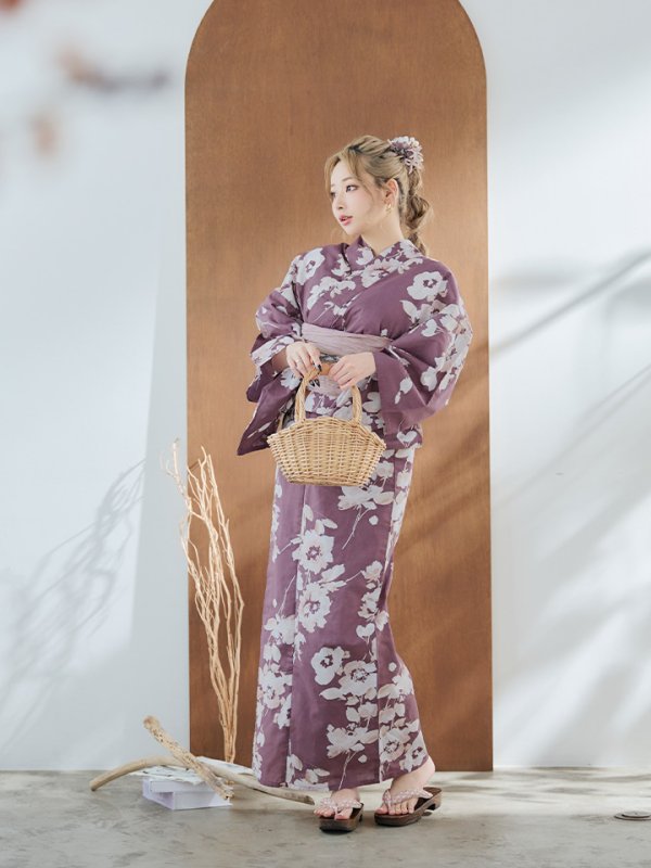 画像5: 【即日発送】【浴衣セール】エンジ×椿ニュアンス浴衣【浴衣３点セット 浴衣/帯/下駄】[YMT]