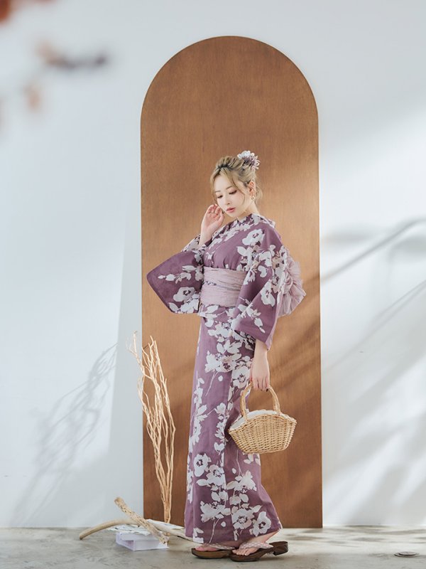 画像6: 【即日発送】【浴衣セール】エンジ×椿ニュアンス浴衣【浴衣３点セット 浴衣/帯/下駄】[YMT]