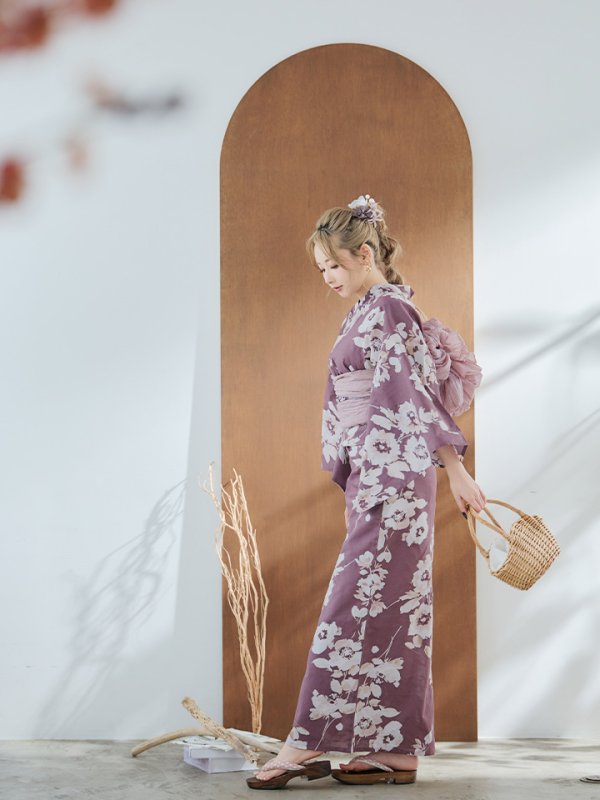 画像7: 【即日発送】【浴衣セール】エンジ×椿ニュアンス浴衣【浴衣３点セット 浴衣/帯/下駄】[YMT]