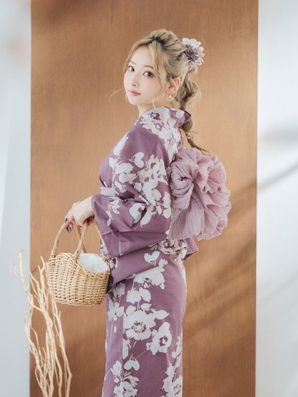 画像9: 【即日発送】【浴衣セール】エンジ×椿ニュアンス浴衣【浴衣３点セット 浴衣/帯/下駄】[YMT]