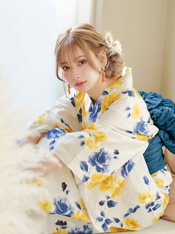 画像10: 【即日発送】【浴衣】ブルーxイエローローズ 薔薇 バラ 浴衣 【浴衣３点セット 浴衣/帯/下駄】[YMT]