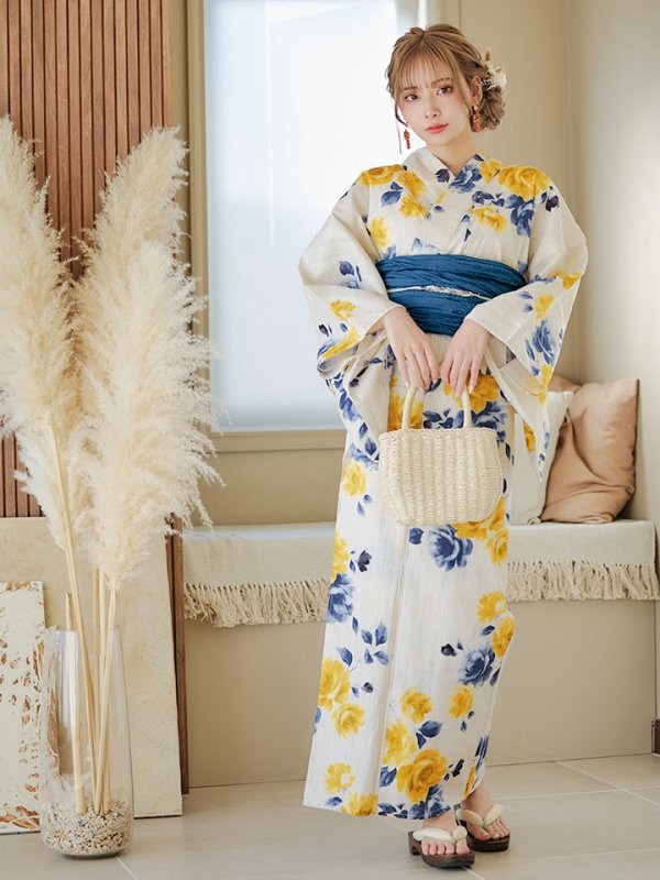 画像14: 【即日発送】【浴衣】ブルーxイエローローズ 薔薇 バラ 浴衣 【浴衣３点セット 浴衣/帯/下駄】[YMT]