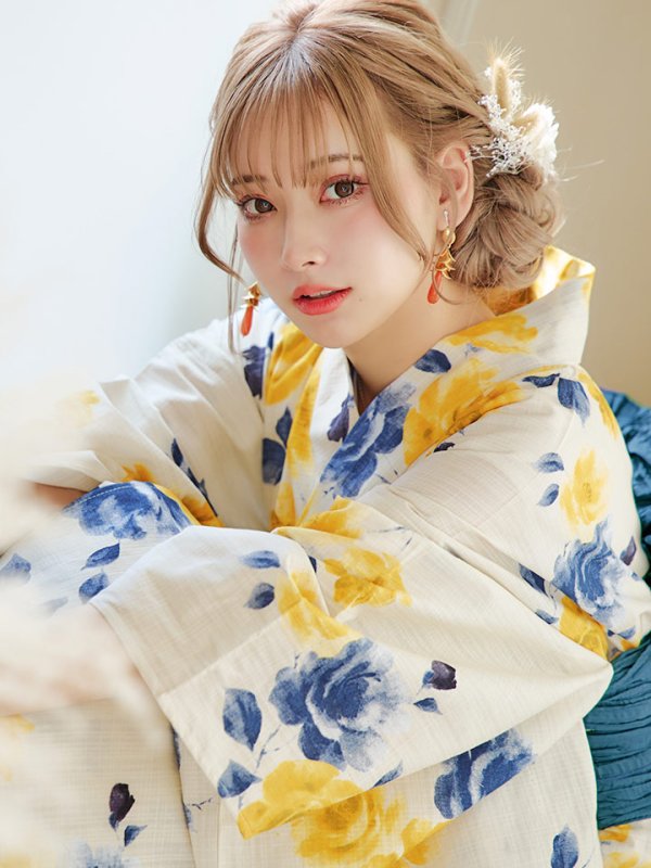 画像15: 【即日発送】【浴衣】ブルーxイエローローズ 薔薇 バラ 浴衣 【浴衣３点セット 浴衣/帯/下駄】[YMT]