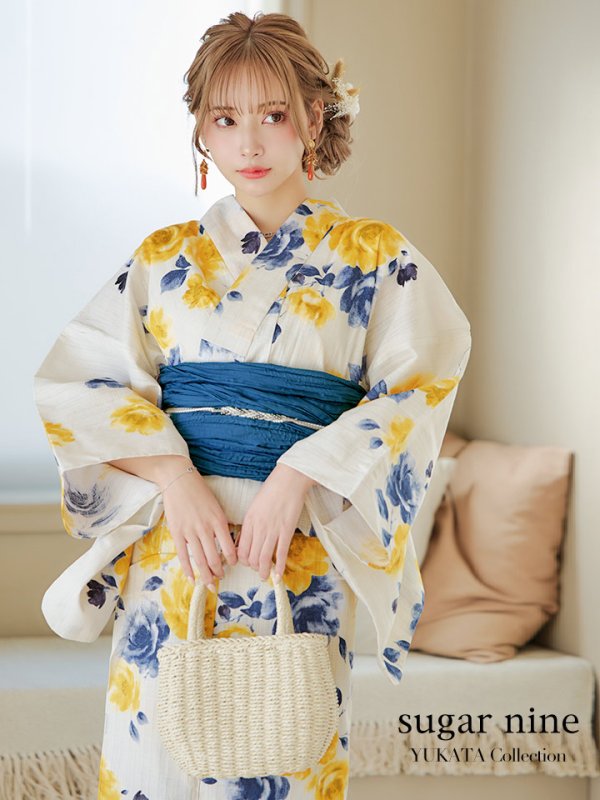 画像2: 【即日発送】【浴衣】ブルーxイエローローズ 薔薇 バラ 浴衣 siwa33/ Yhimo-GY×GD/ YA-1081-kj-IV/ YA-1081-kj-BR / HEKO-800-sb-5-W/ GETA-02-ok-2-IV [YMT]