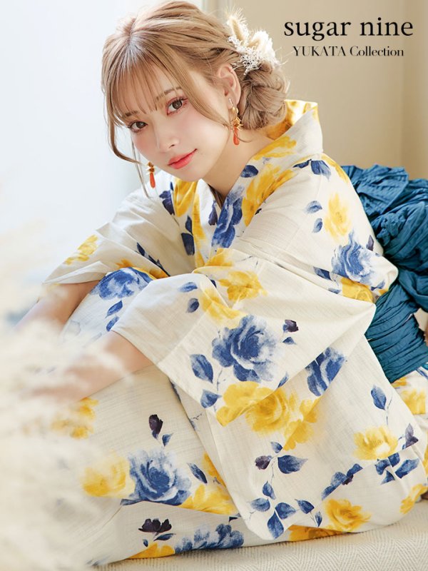画像3: 【即日発送】【浴衣】ブルーxイエローローズ 薔薇 バラ 浴衣 【浴衣３点セット 浴衣/帯/下駄】[YMT]