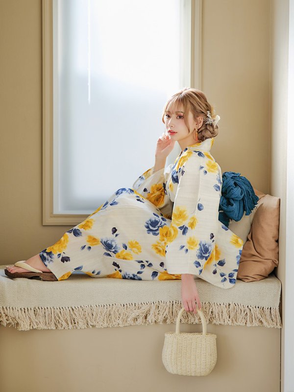 画像9: 【即日発送】【浴衣】ブルーxイエローローズ 薔薇 バラ 浴衣 【浴衣３点セット 浴衣/帯/下駄】[YMT]