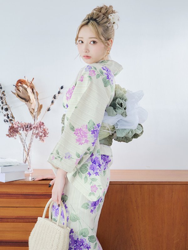 画像9: 【即日発送】クリームストライプ地x紫陽花浴衣【浴衣３点セット 浴衣/帯/下駄】[YMT]