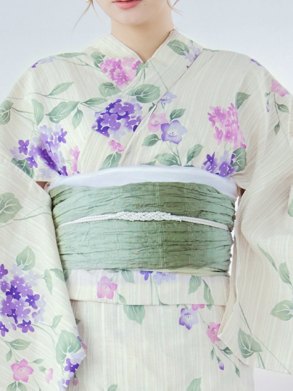 画像17: 【即日発送】クリームストライプ地x紫陽花浴衣【浴衣３点セット 浴衣/帯/下駄】[YMT]